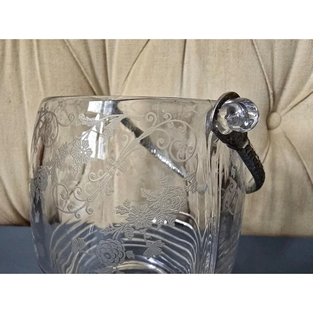 Vintage Depression Style Etched Floral Glass Ice Bucket With Metal Handle